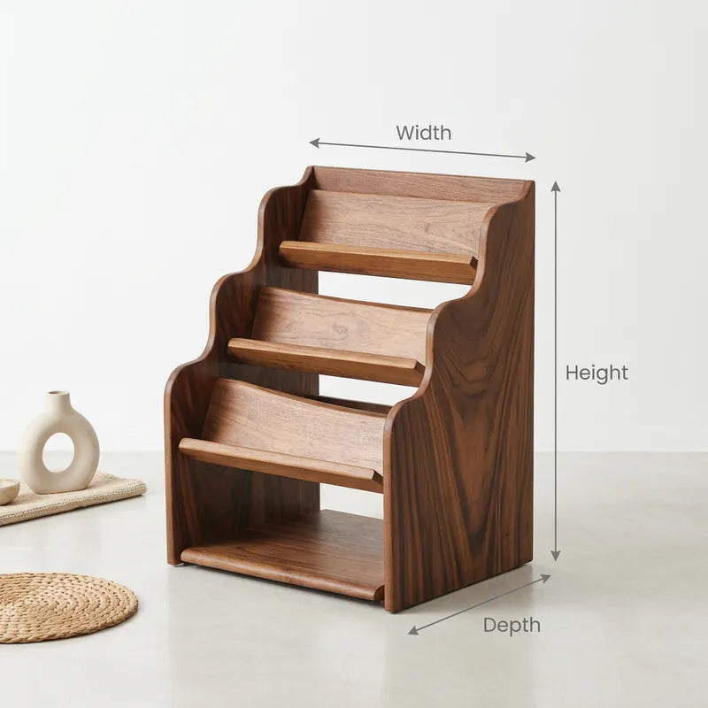 Solid Wood 3-Tier Wave Magazine Rack & Forward-Facing Display Stand