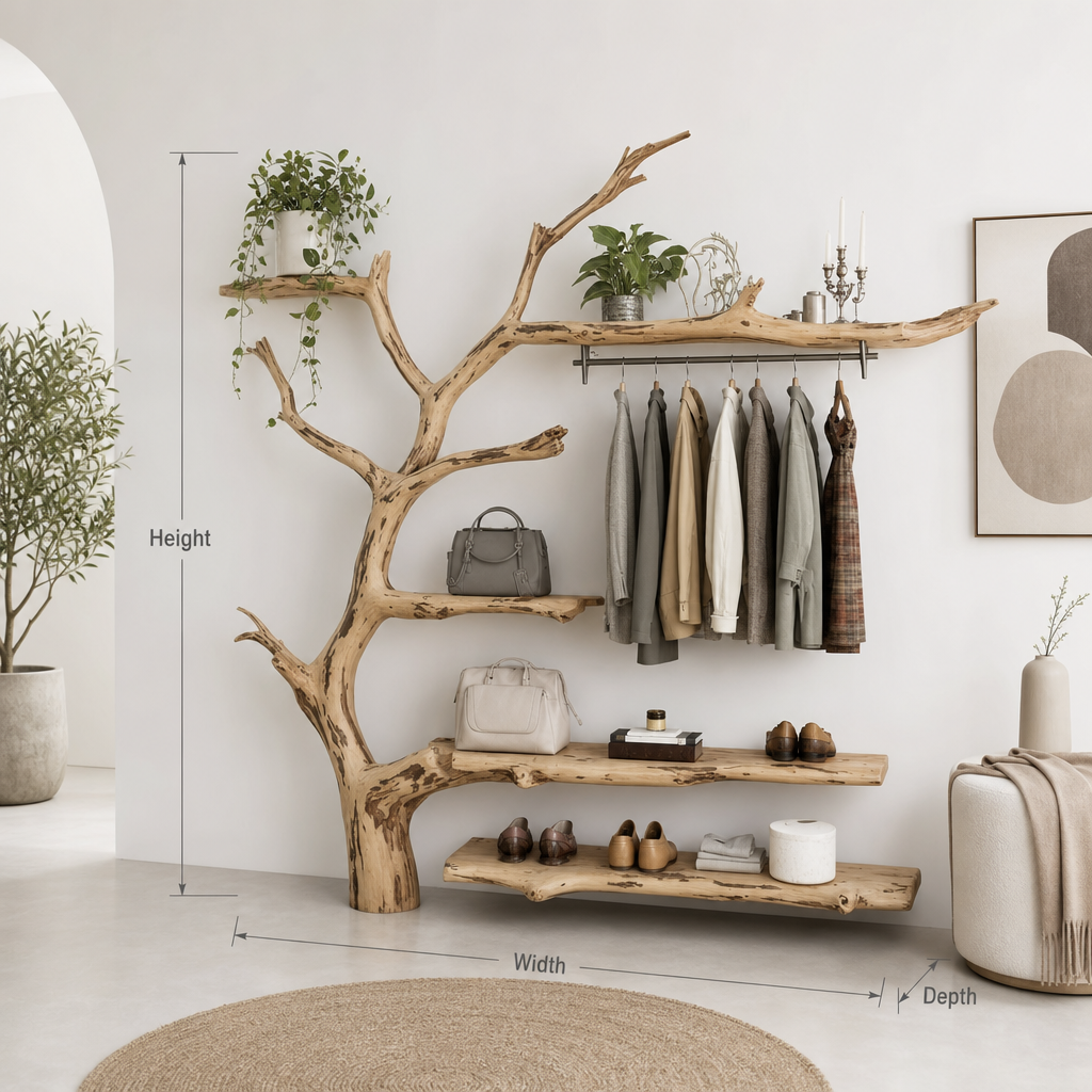 Decorative wall mounted solid wood coat rack hanger with display shelf