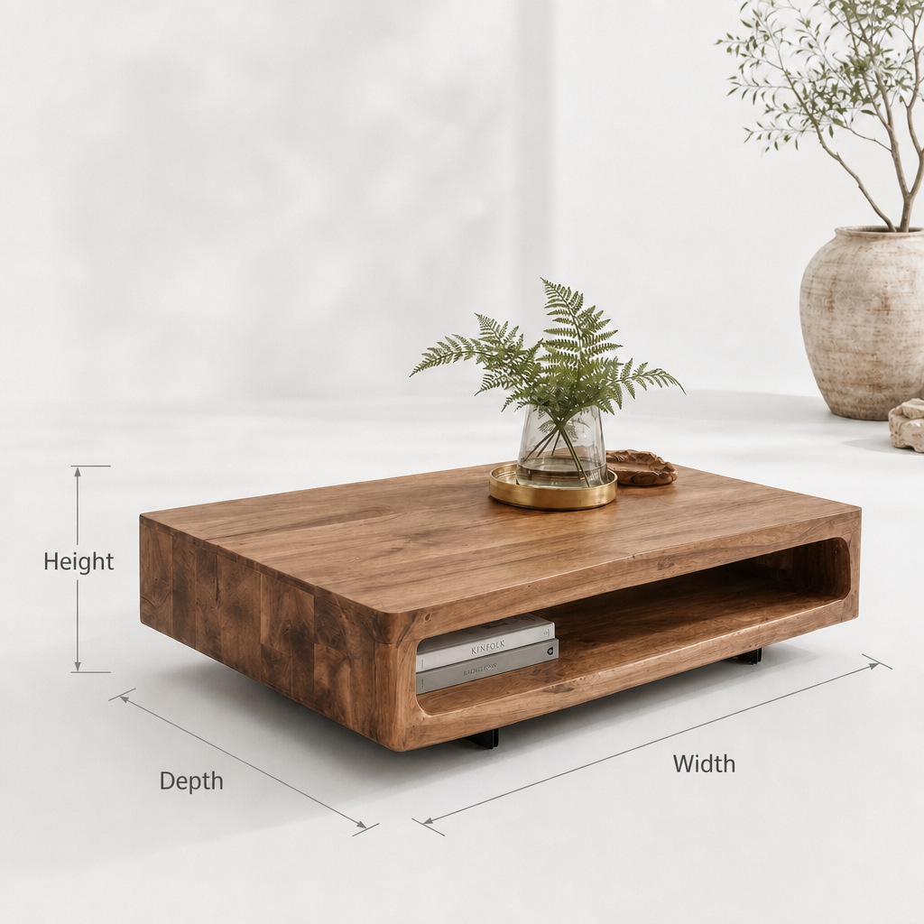 Solid Wood Coffee Table with Open Shelf – Handmade Acacia, Modern Rustic Design
