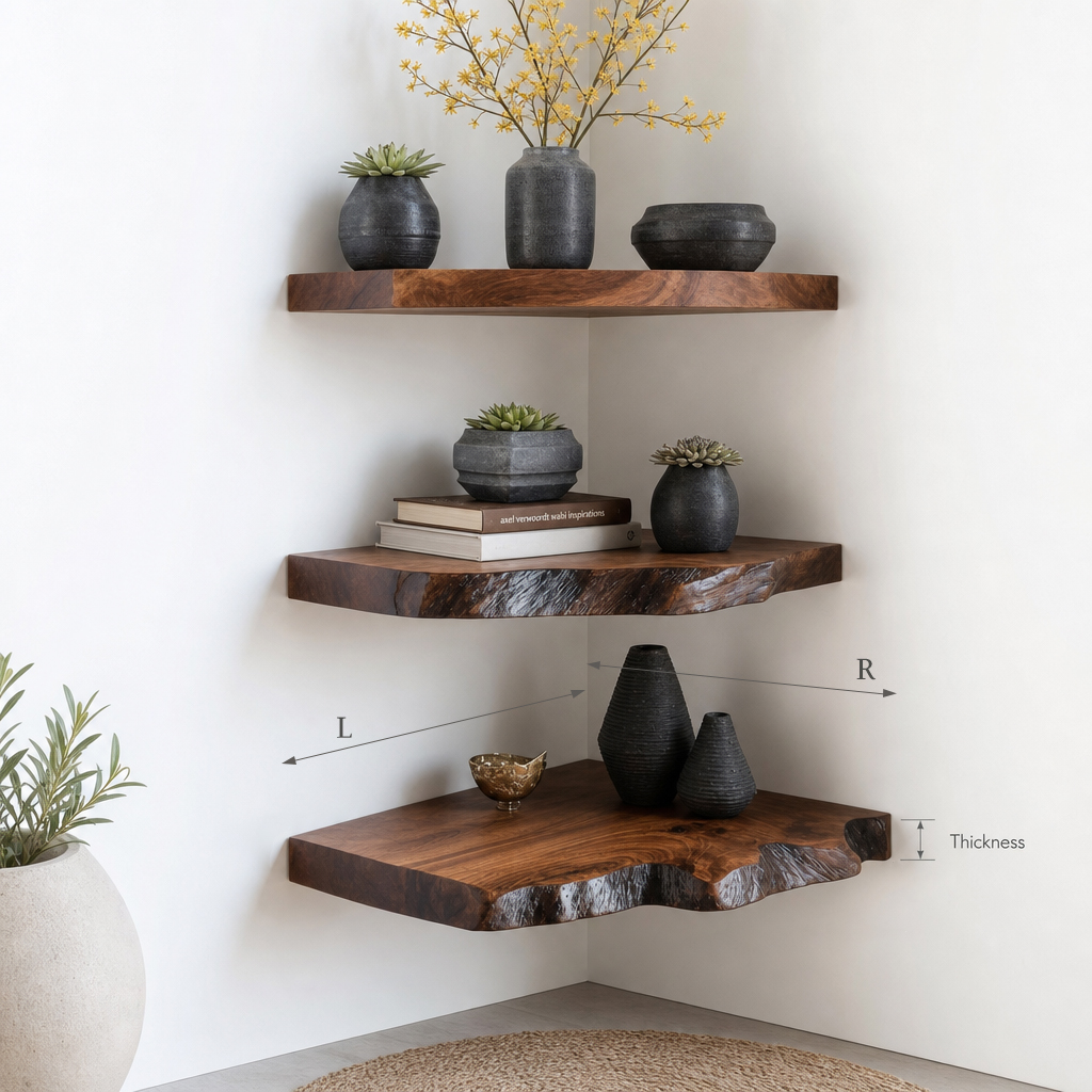 Solid Wood Corner Floating Shelf – Rustic Live Edge Wall Decor