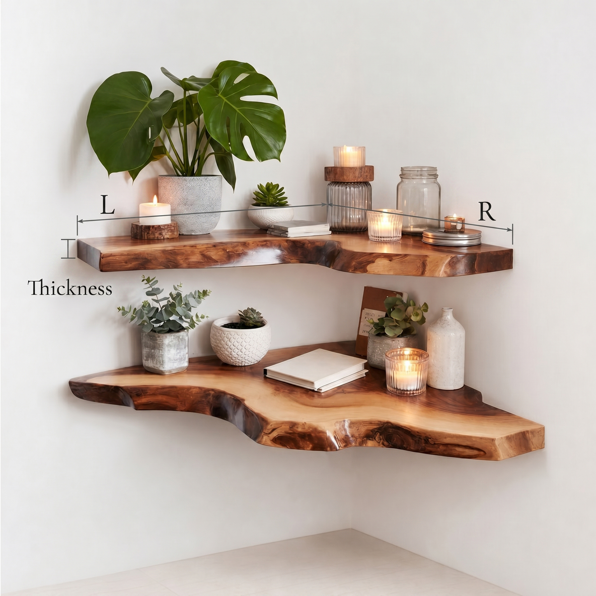 Solid Wood Corner Floating Shelf – Rustic Live Edge Wall Decor for Living Rooms