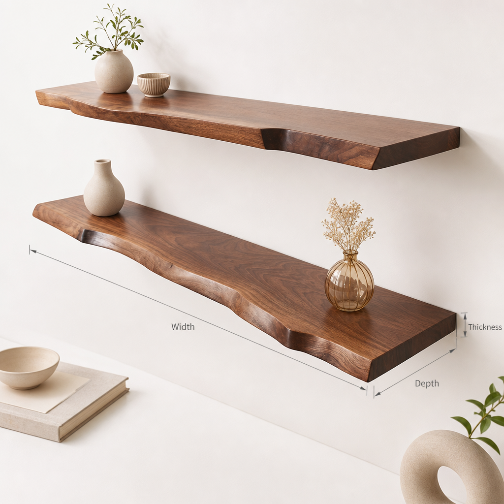 Solid Wood Live Edge Floating Shelf – Rustic Wall Decor for Living Room & Kitchen