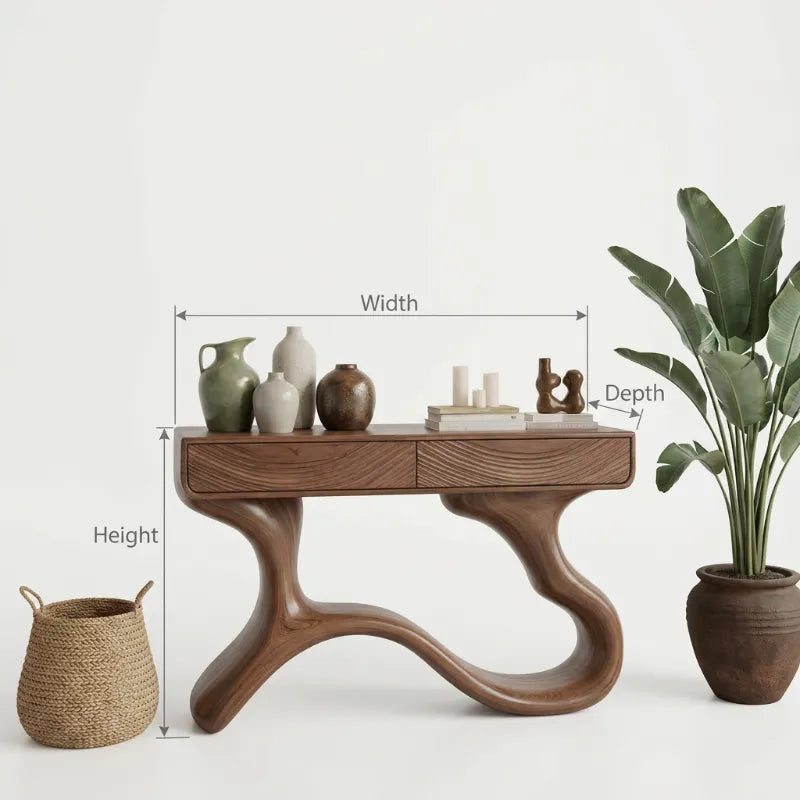 Solid Wood Sculptural Console Table with Hidden Storage