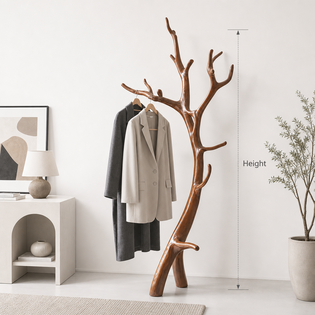 Handmade solid wood branch coat rack stand for an entryway bedroom setup