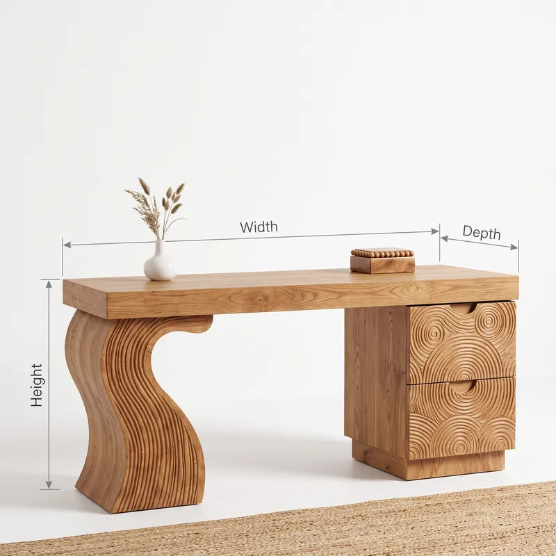 Solid Wood Vanity Desk with Carved Fluted Drawers