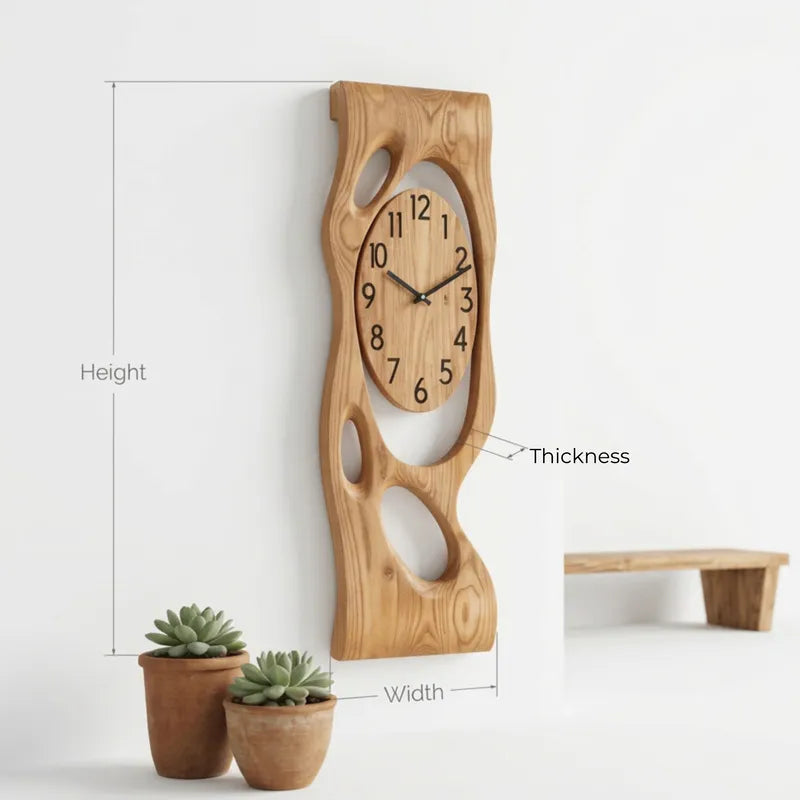 Solid Wood Wall Clock with Oval Dial & Biomorphic Cutouts