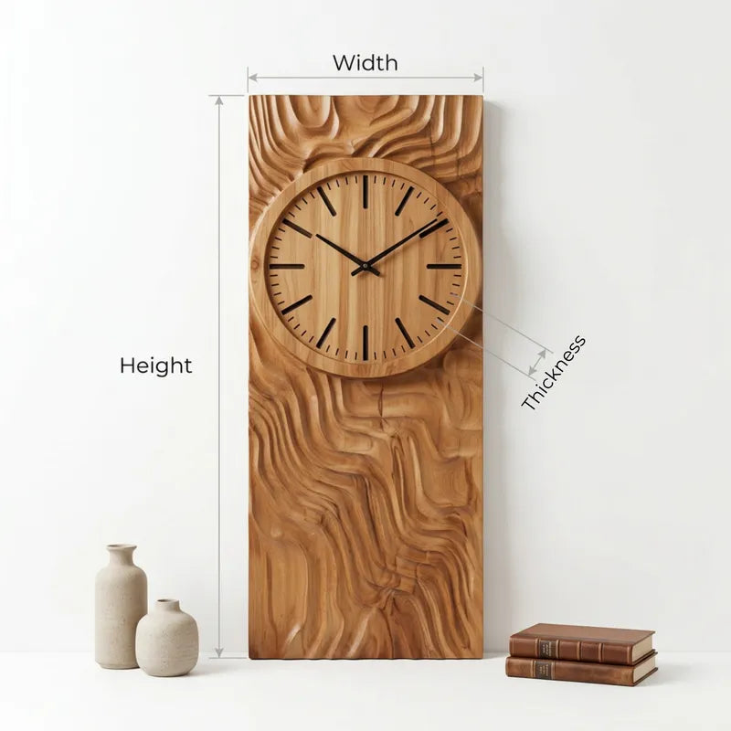 Solid Wood Wave-Carved Wall Clock with 3D Relief Art