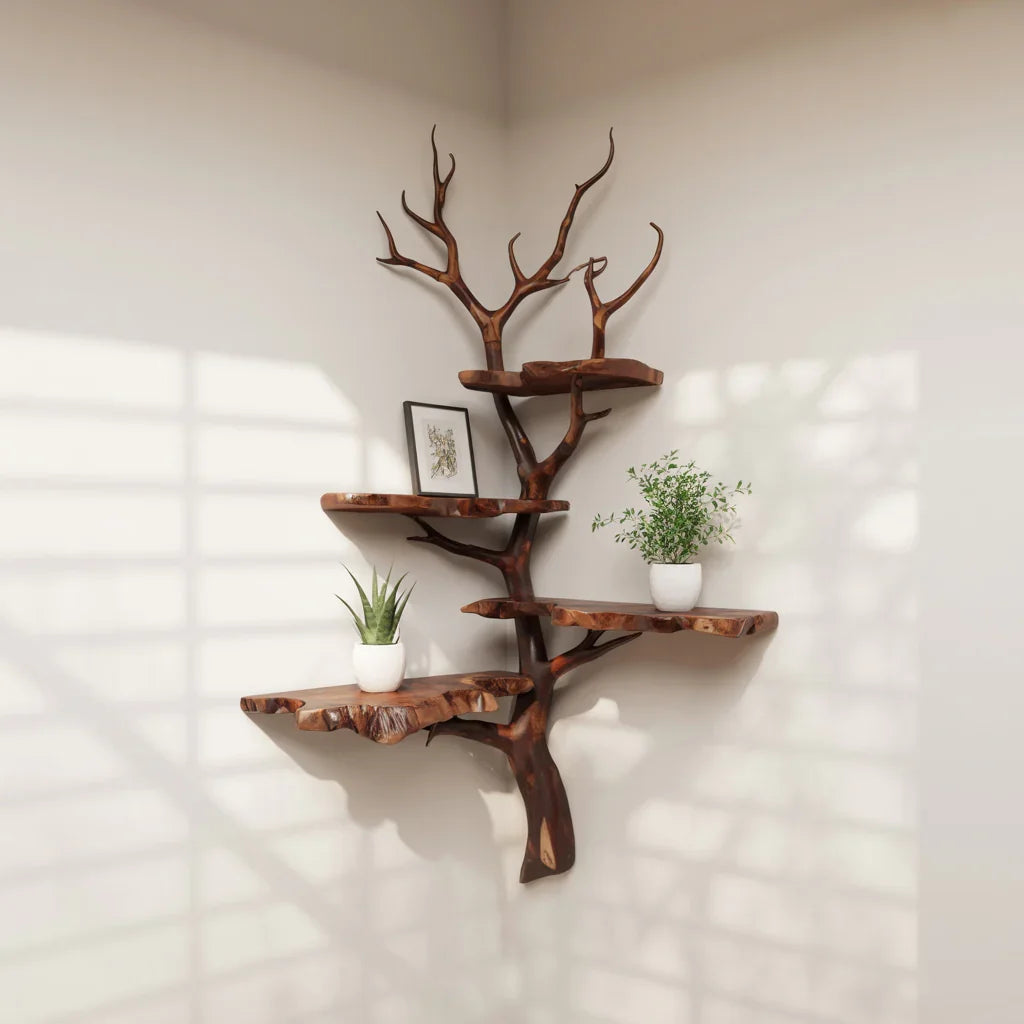 Live edge solid wood tree bookshelf corner shelf with plants and decor in modern room, Solid wood grain detail on a handcrafted corner tree bookshelf trunk and branches