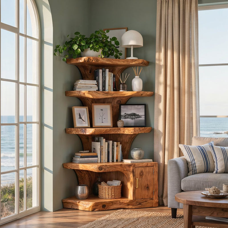 Space-saving live edge corner bookshelf with storage cabinet in solid wood