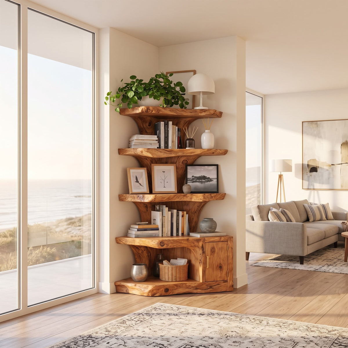 Space-saving solid wood corner bookshelf styled with decor in a small apartment living room