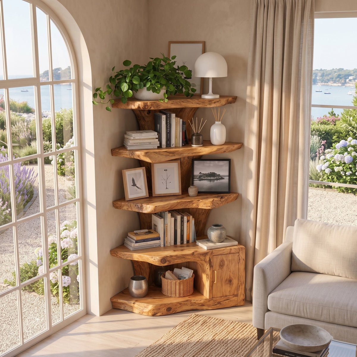 Contemporary solid wood corner bookcase with closed storage placed in a bright living room