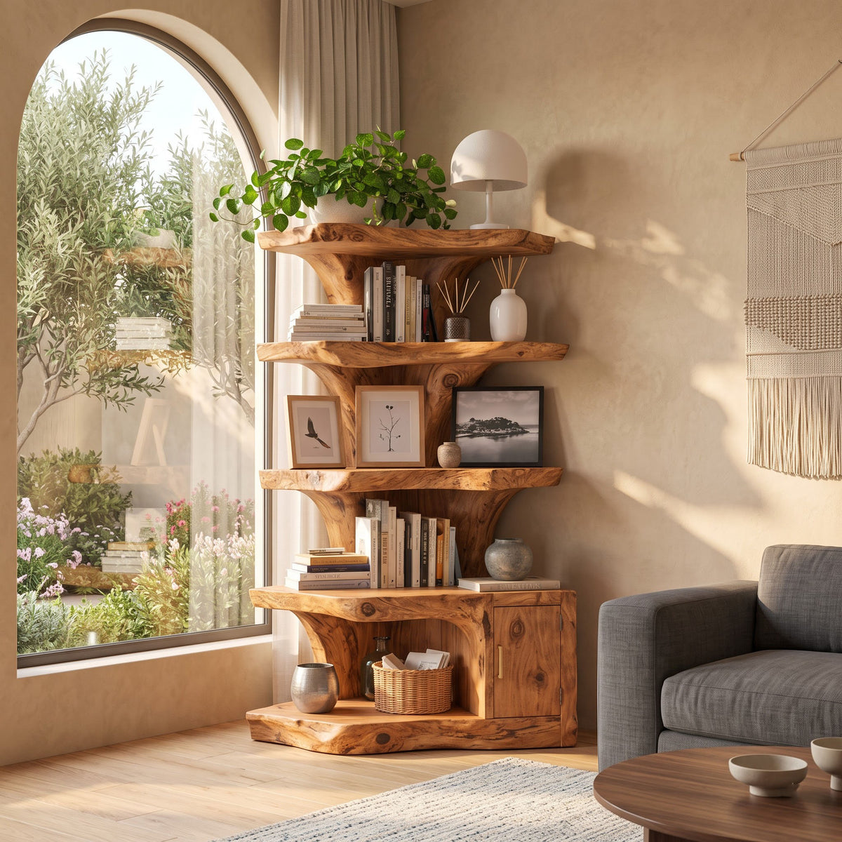 Live edge natural timber corner display cabinet for a cozy reading nook