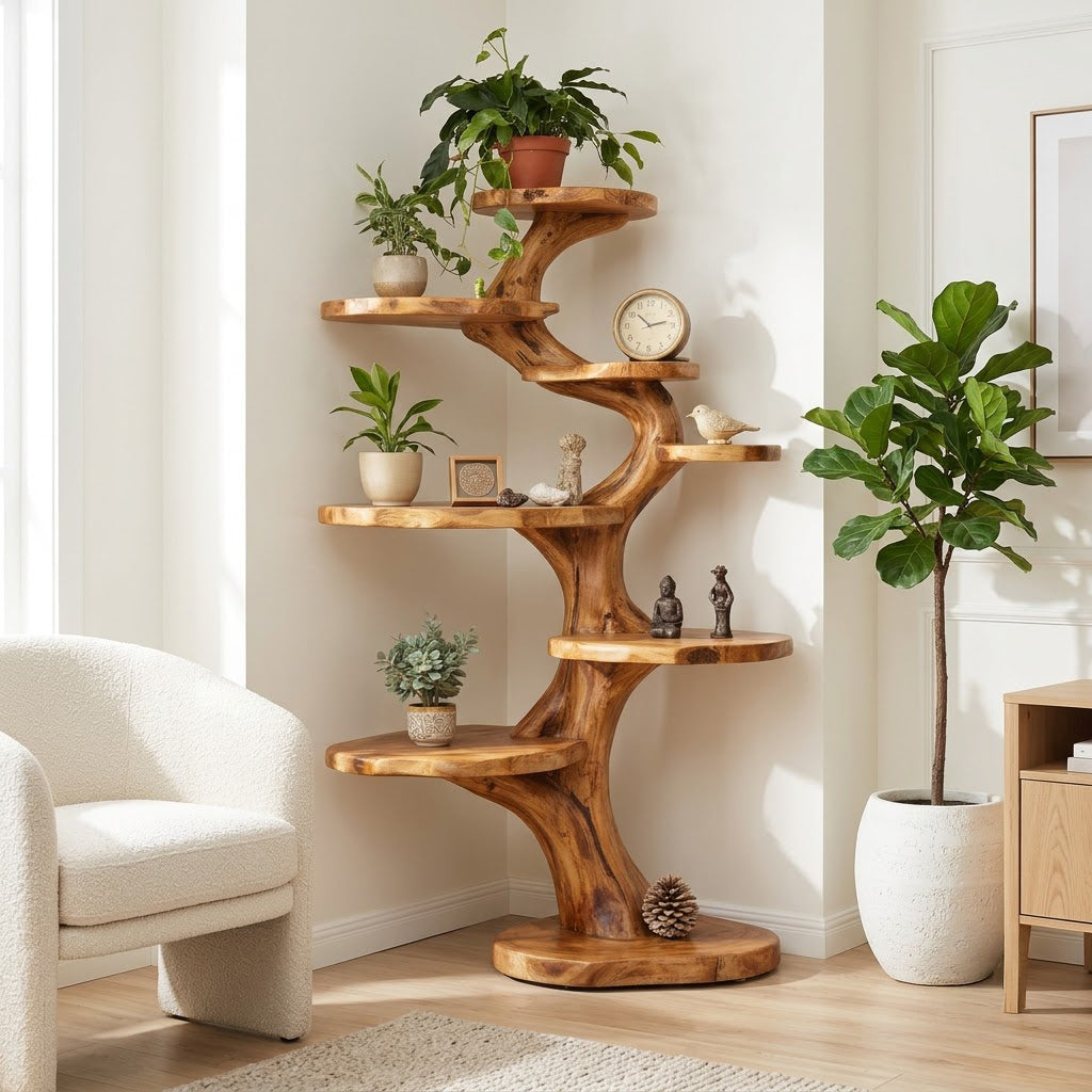 Spiral tree plant stand multi tier solid wood corner display tower