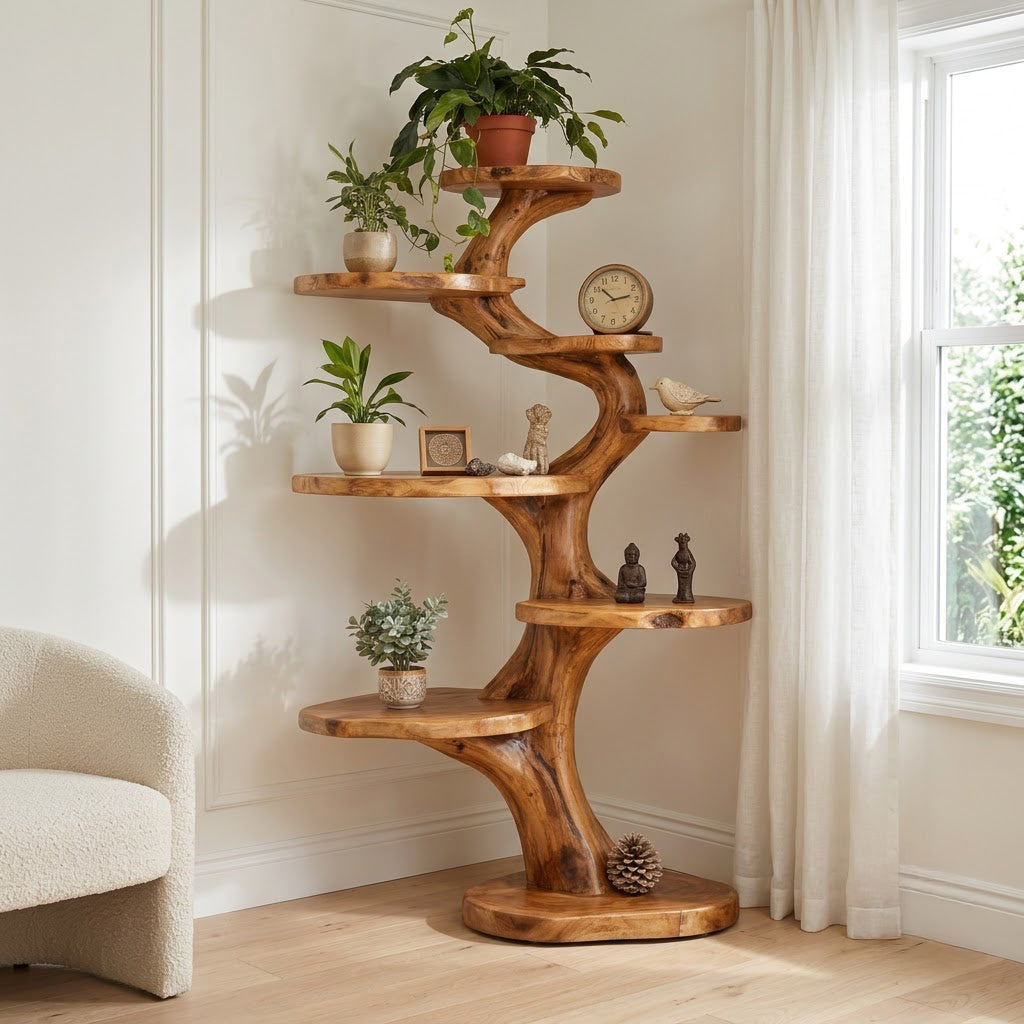 Spiral tree solid wood plant stand styled in a bright living room corner