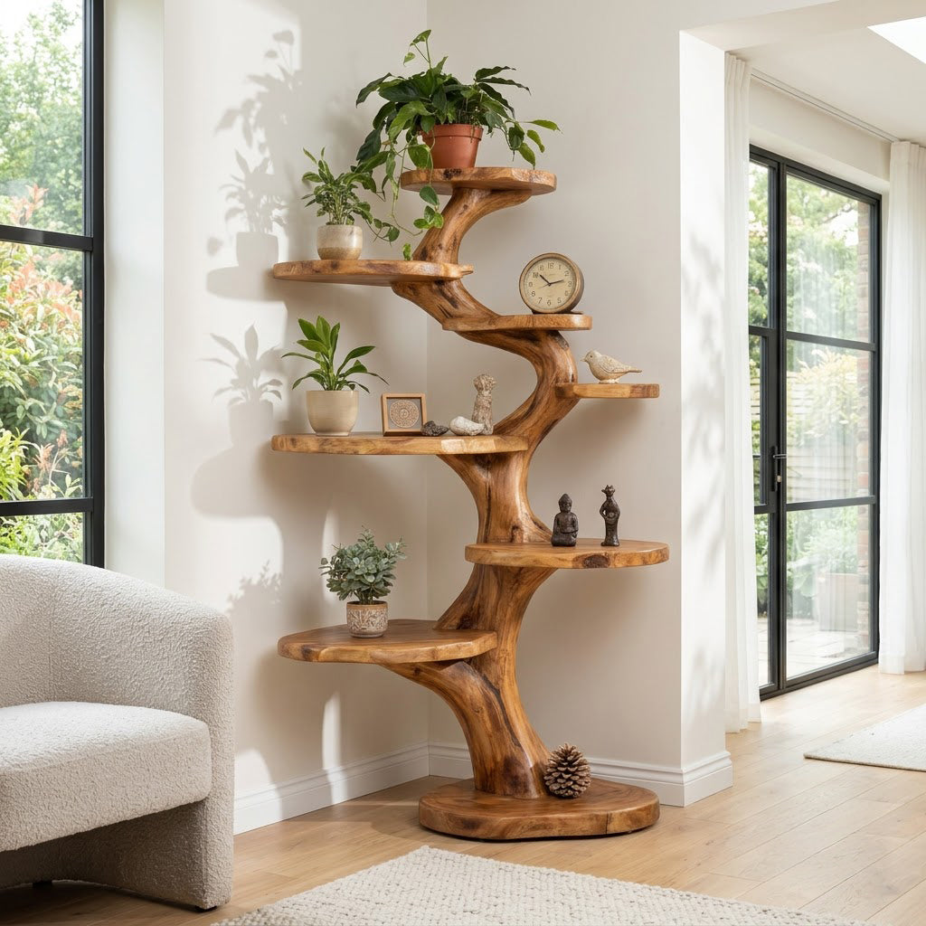 Spiral tree-inspired plant tower displayed beside a living room window