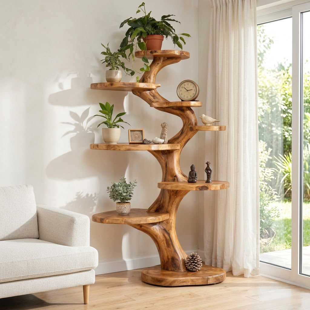 Organic spiral tree plant stand creating a botanical focal point in a contemporary living space