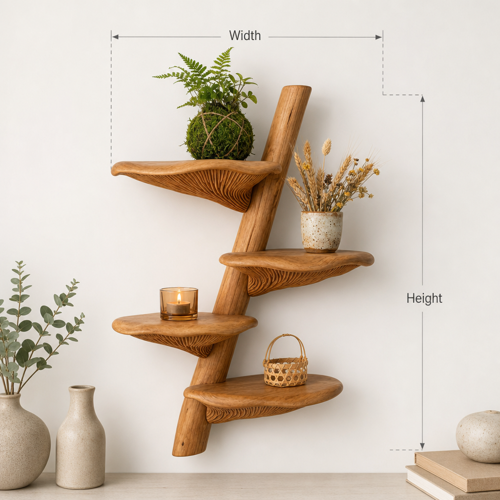 Spiral Mushroom Tree Branch Wall Shelf - Handcrafted Solid Wood Floating Display