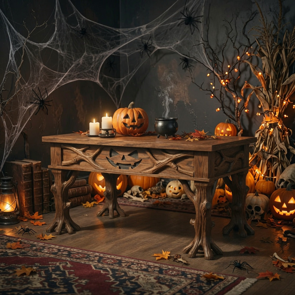 Natural hardwood coffee table with bat carvings displaying seasonal décor
