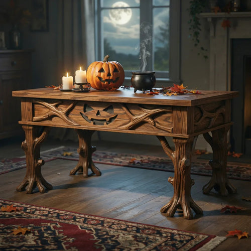 Spooky Bat Carved Tree Root Coffee Table - Halloween Solid Wood Living Room Table