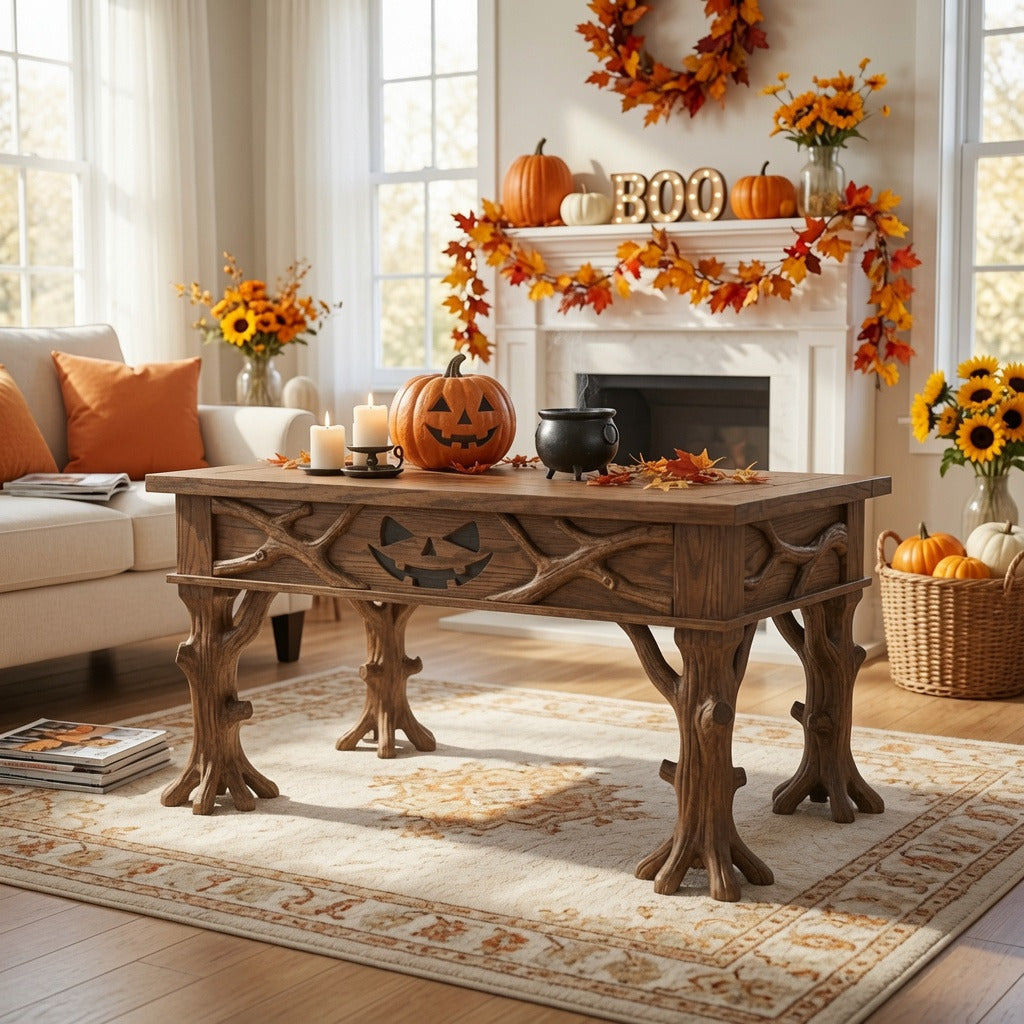 Spooky bat carved tree root solid wood coffee table in a Halloween-themed living room