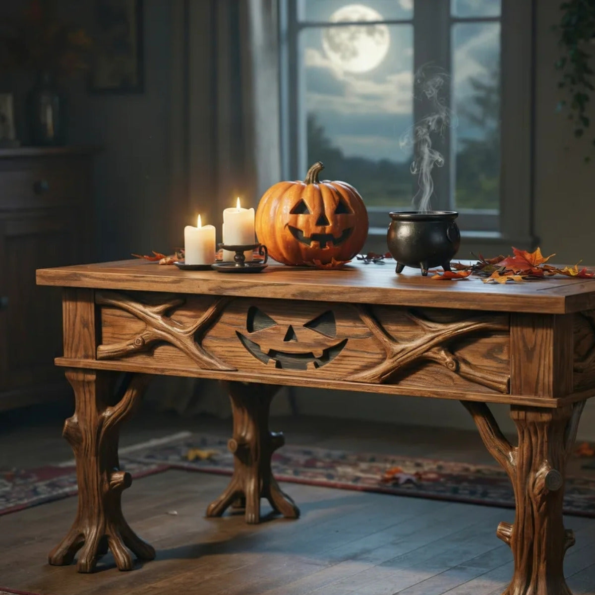 Artisan wooden coffee table with tree root base and bat motif