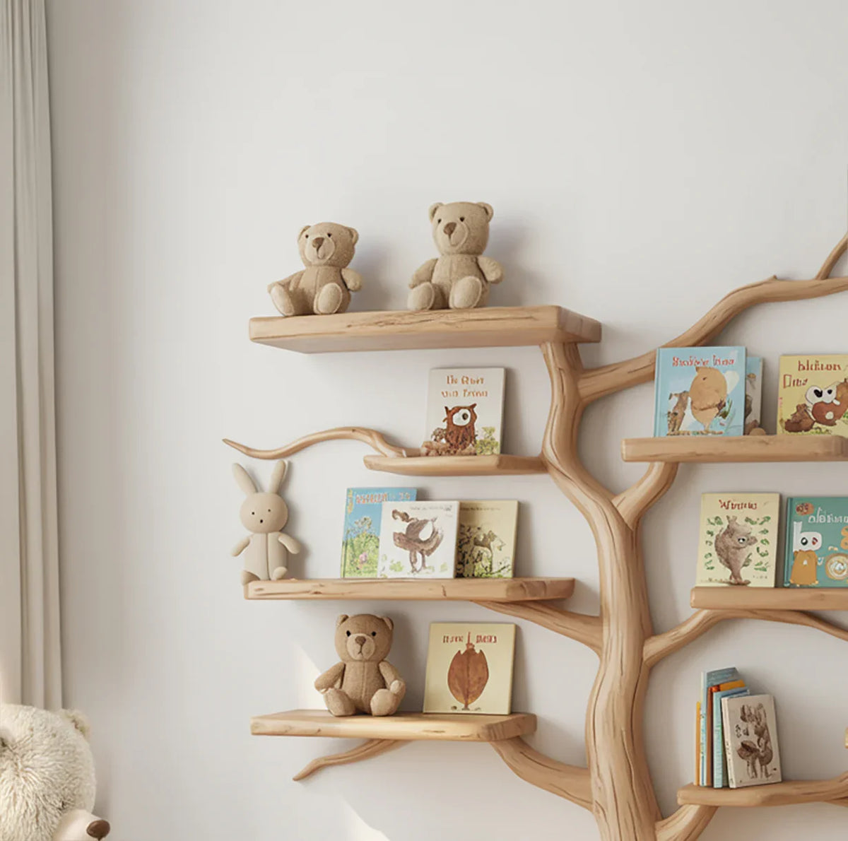 solid wood kids bookshelf in nursery with books and toys