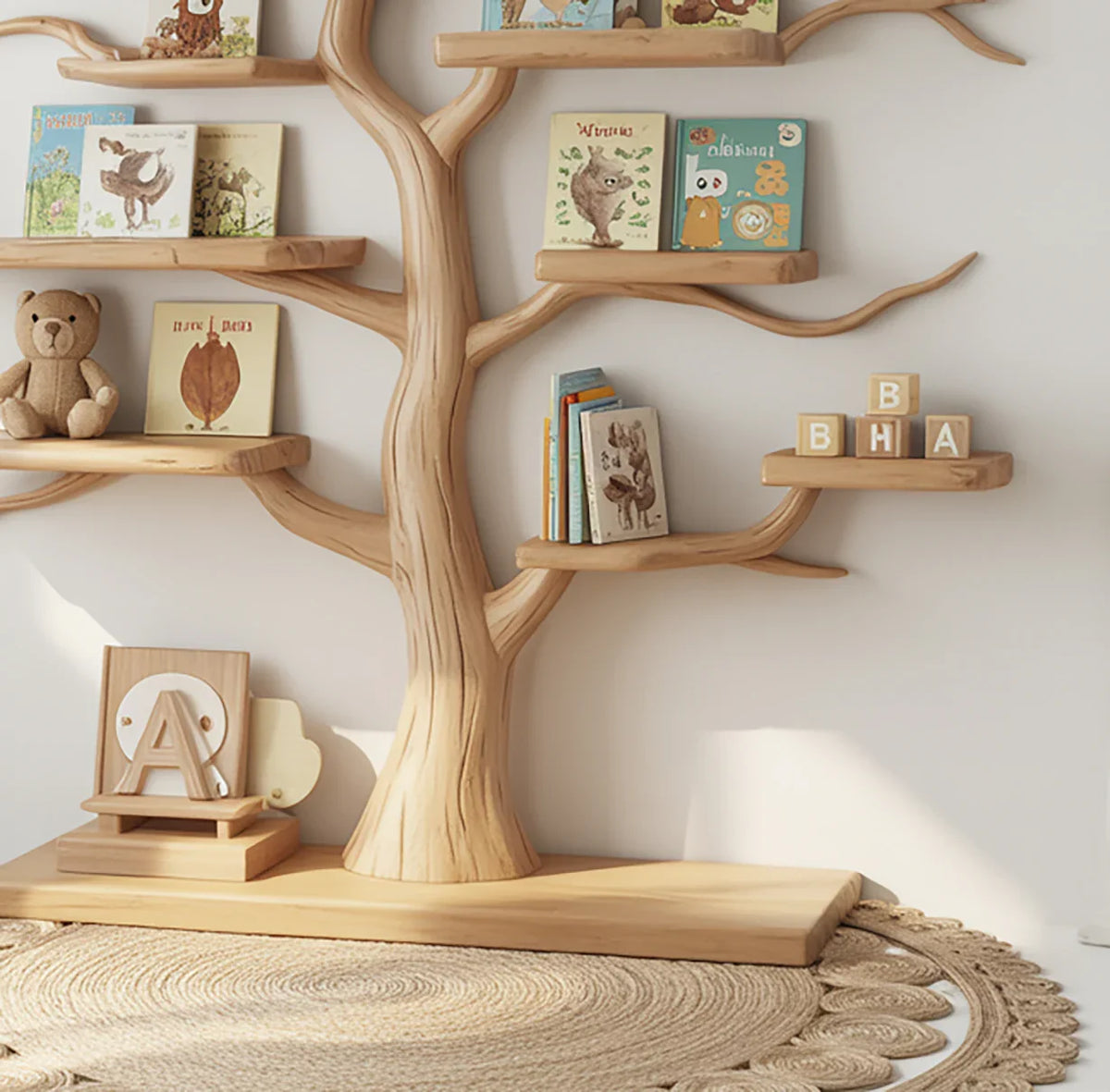 solid wood kids bookshelf in nursery with books and toys