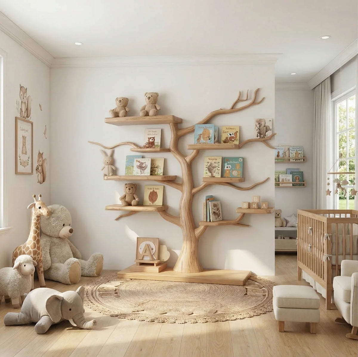 solid wood kids bookshelf in nursery with books and toys