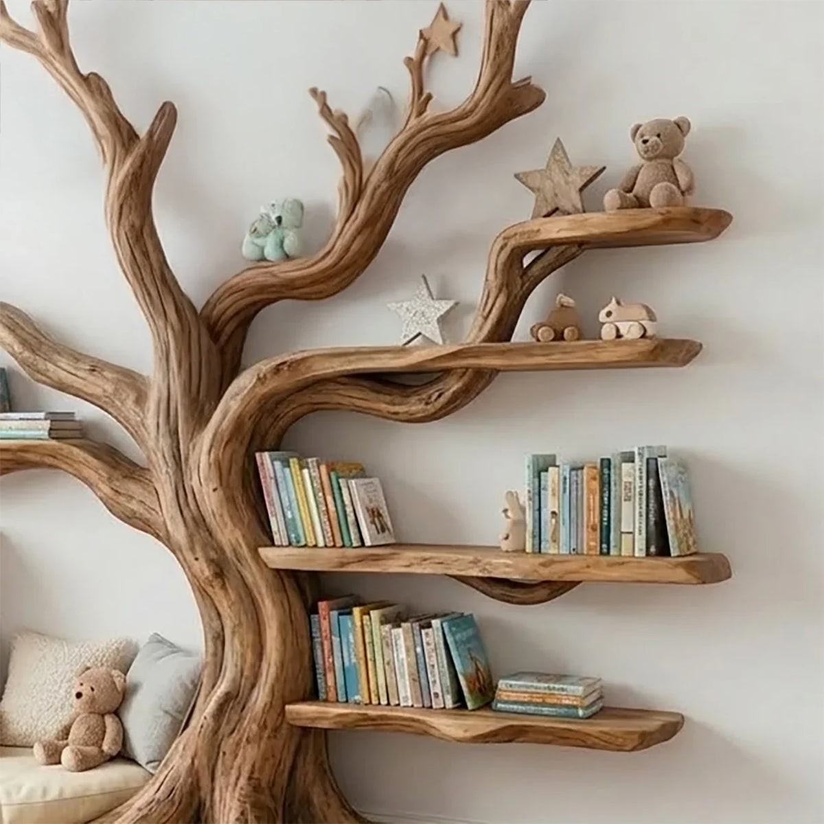 Handcrafted solid wood kids bookshelf styled in a cozy nursery with books, toys, and soft decor