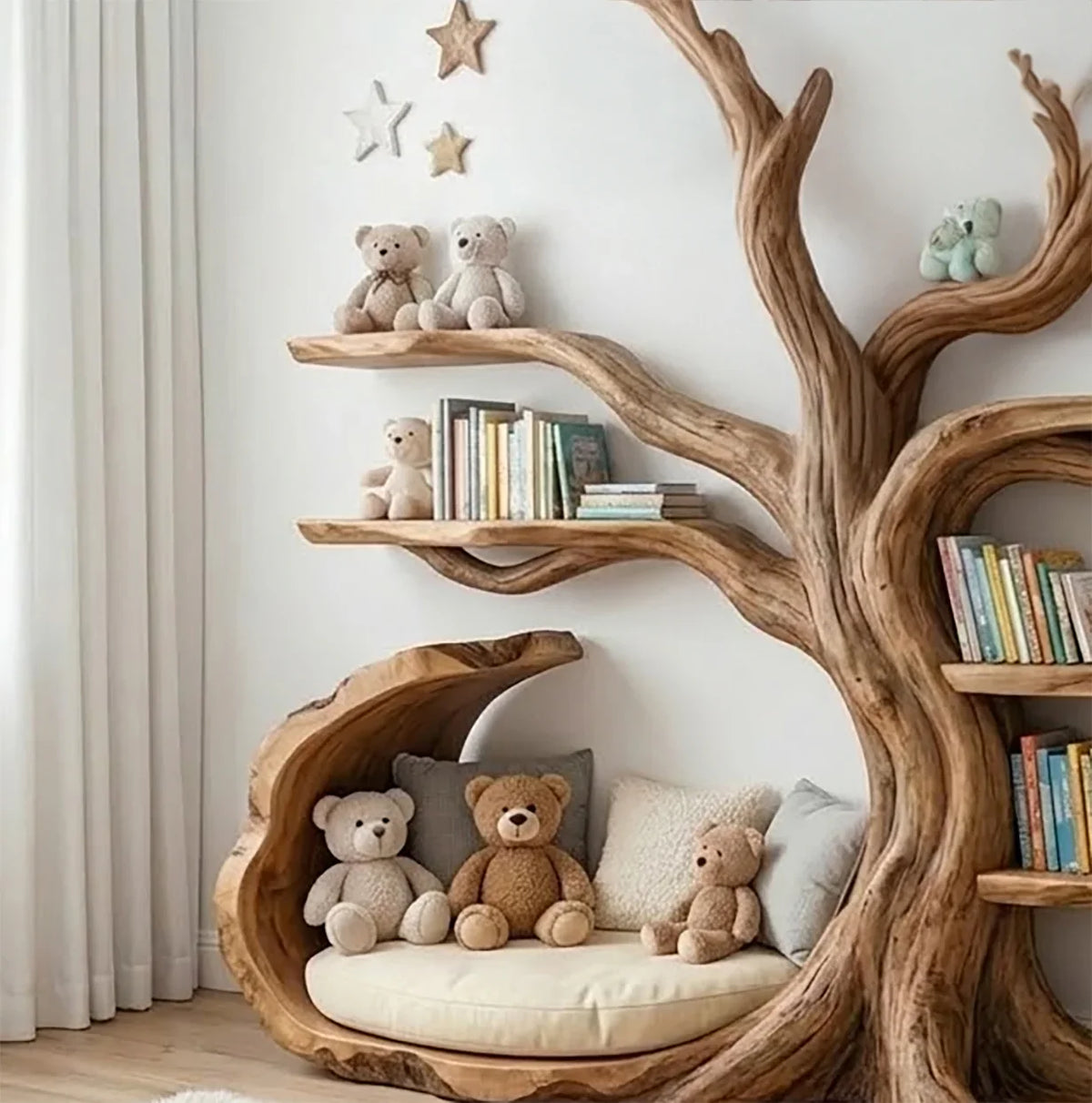 Handcrafted solid wood kids bookshelf styled in a cozy nursery with books, toys, and soft decor