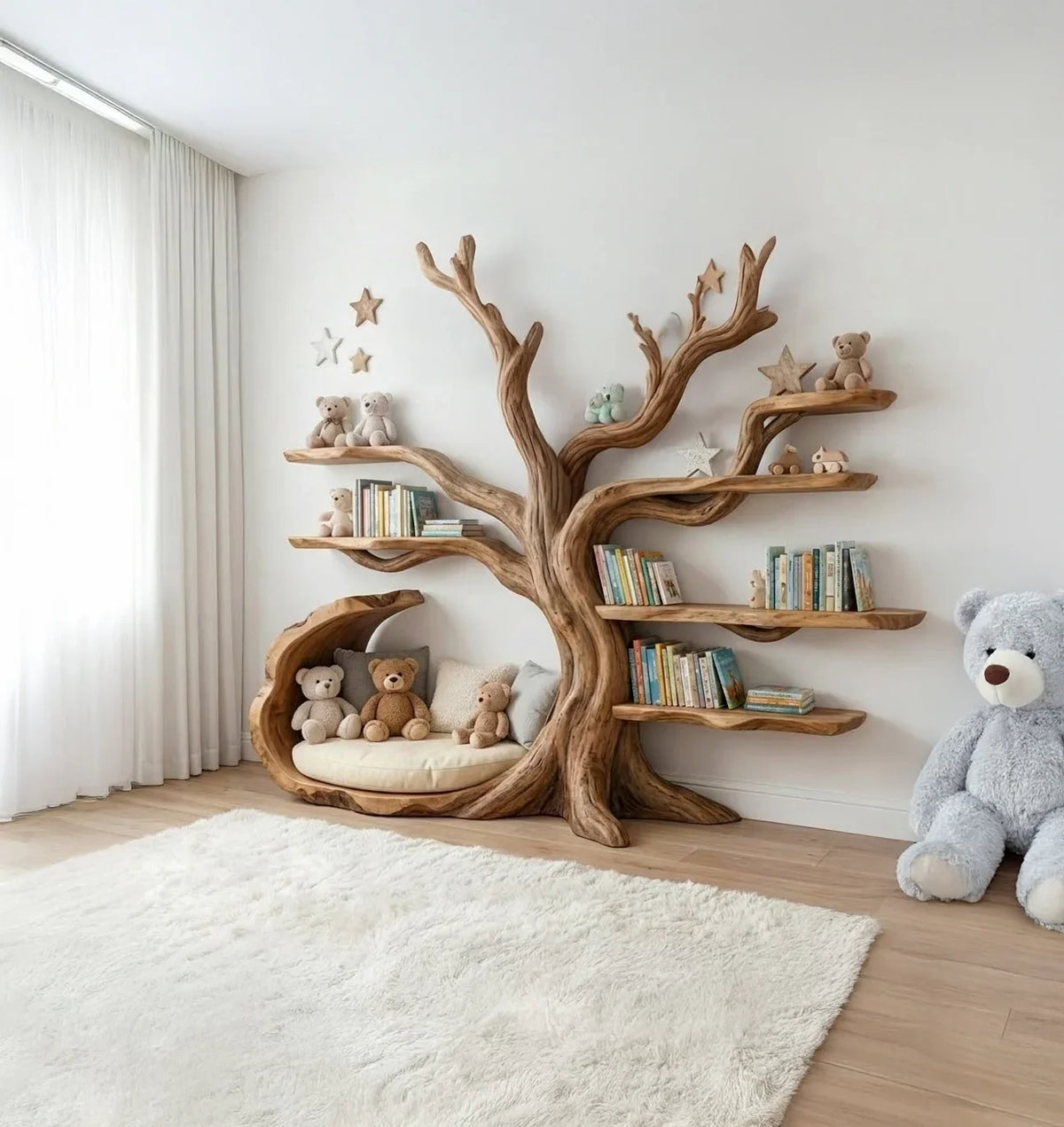Handcrafted solid wood kids bookshelf styled in a cozy nursery with books, toys, and soft decor