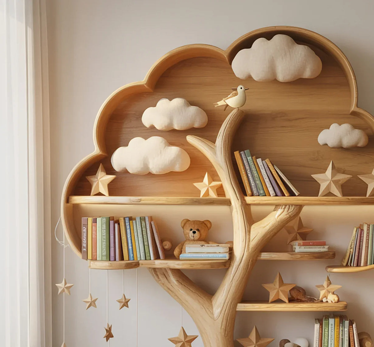 Solid wood kids tree bookshelf in nursery room with books and toys displayed on shelves