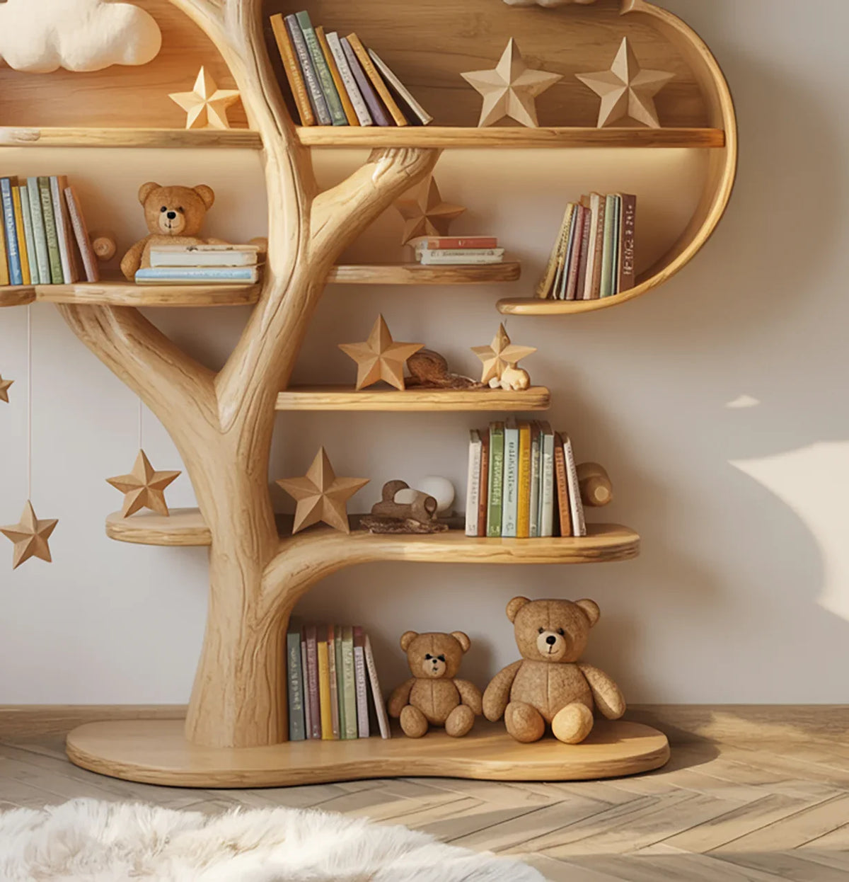 Solid wood kids tree bookshelf in nursery room with books and toys displayed on shelves