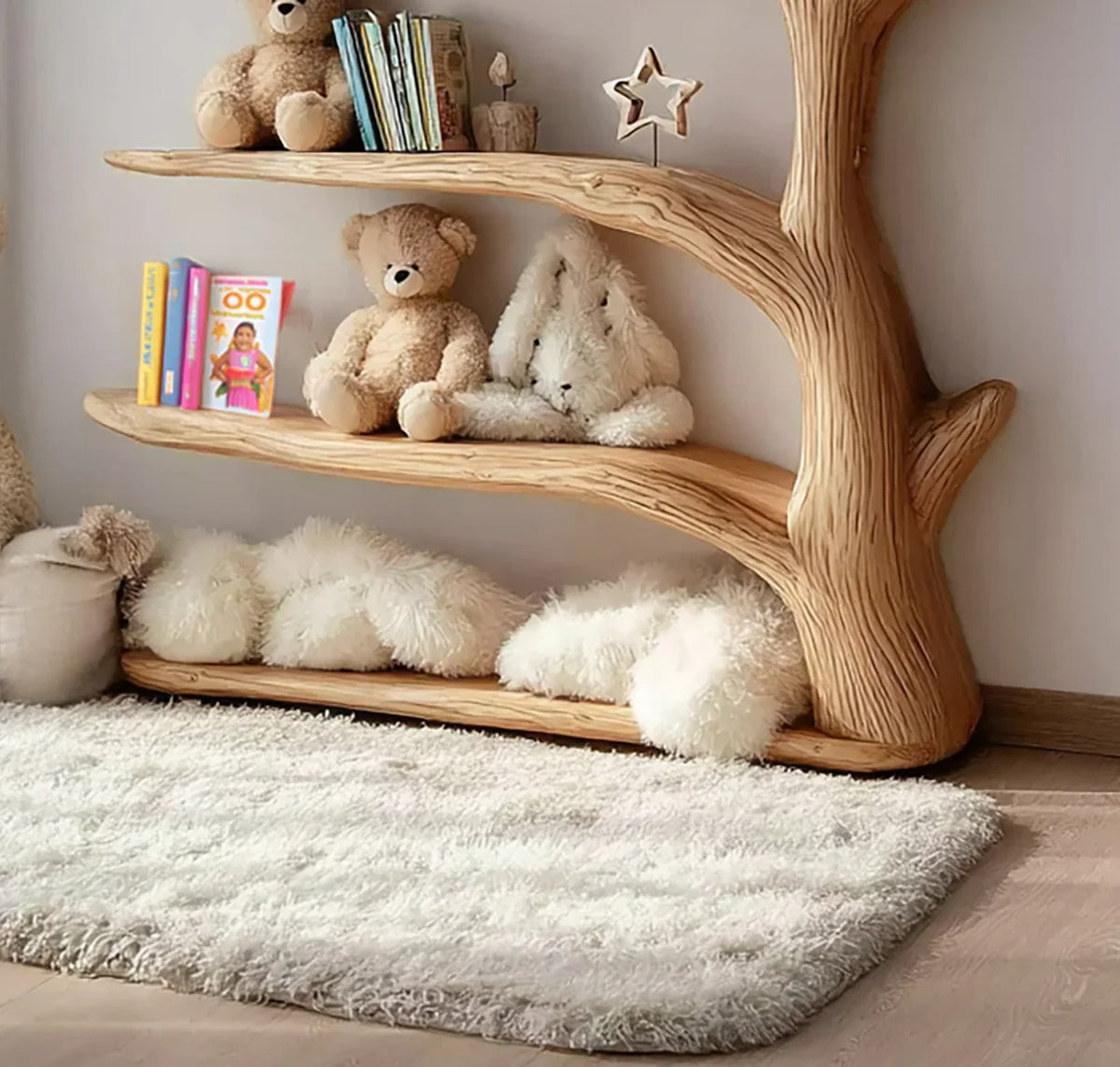 Mid-century wooden tree wall shelf in a kids room nursery with books and toys