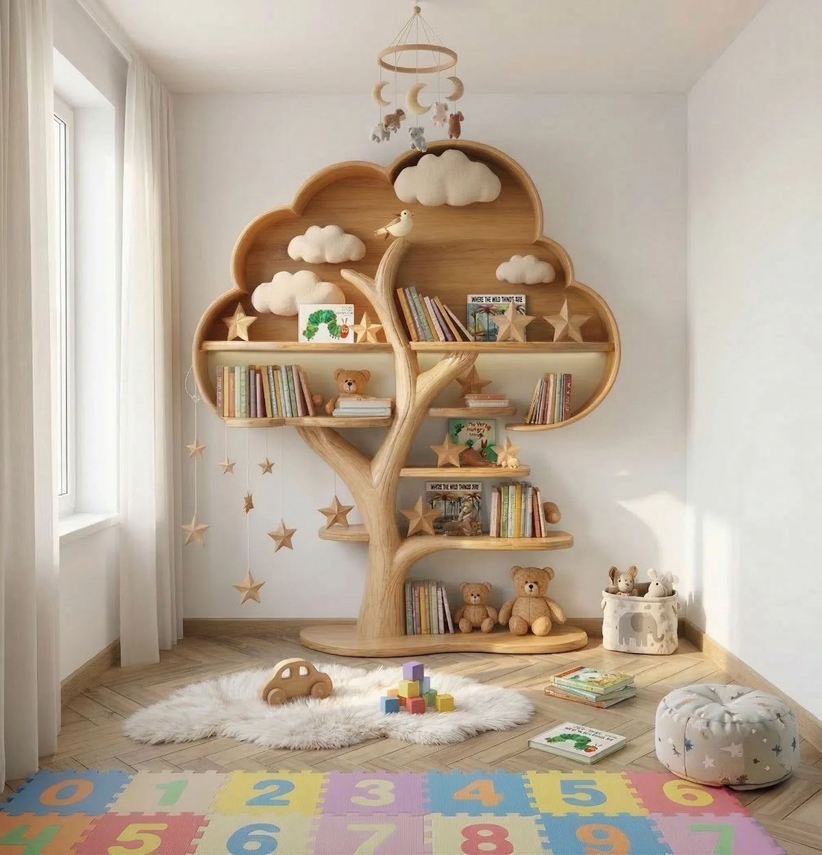 Solid wood kids tree bookshelf in nursery room with books and toys displayed on shelves