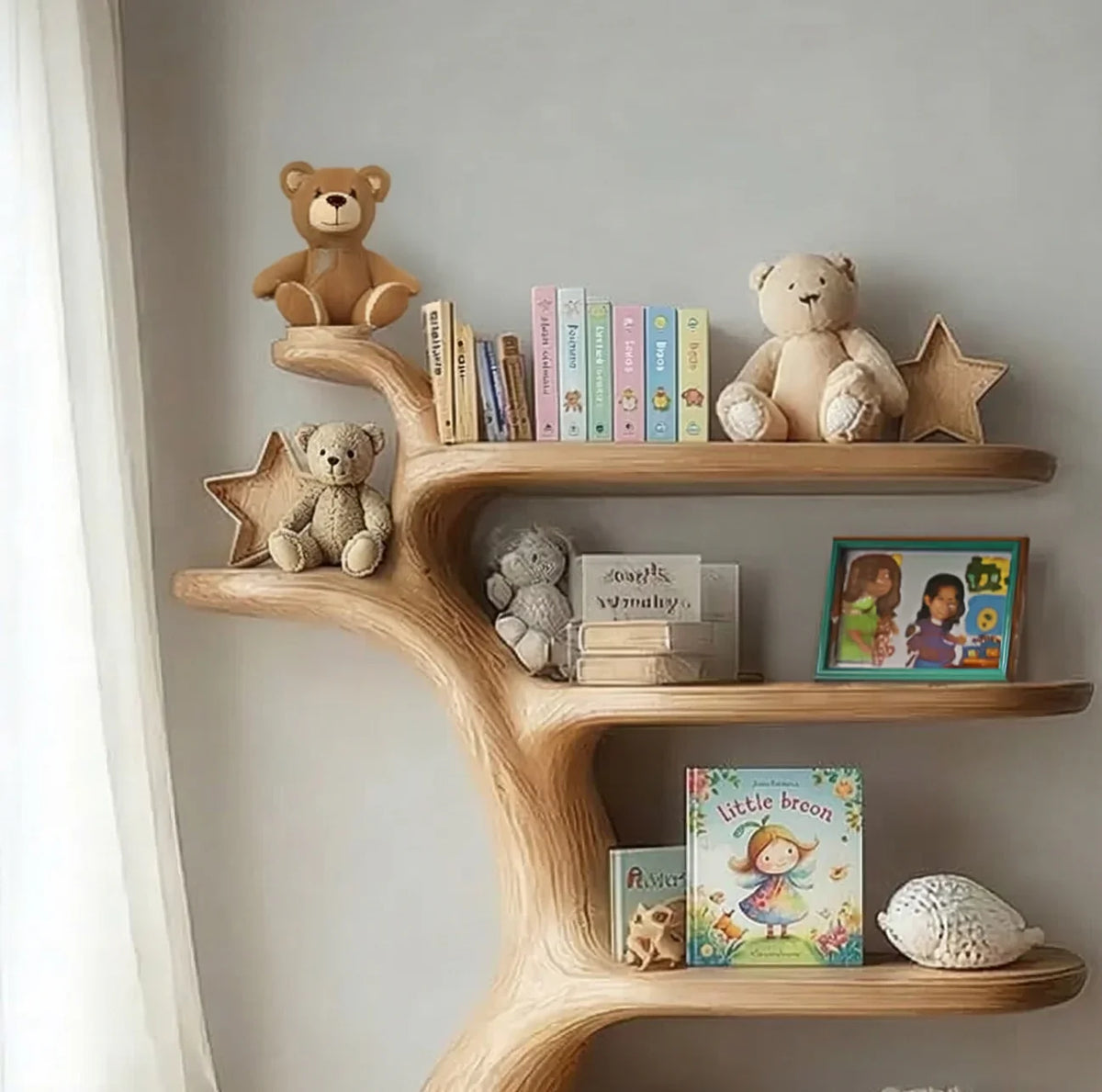 Handmade solid wood nursery shelf in kids room with books, toys, and natural decor elements