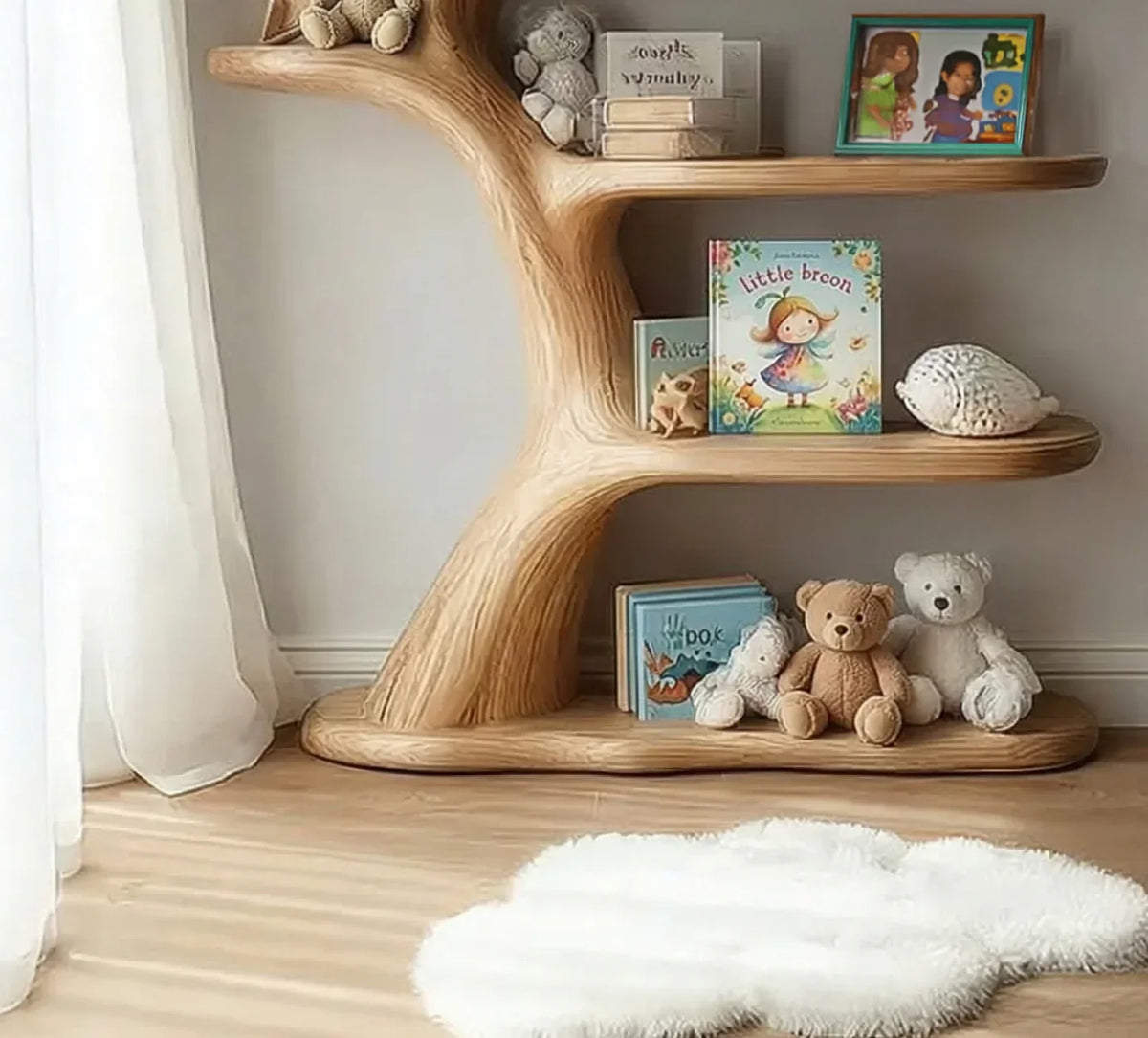 Handmade solid wood nursery shelf in kids room with books, toys, and natural decor elements