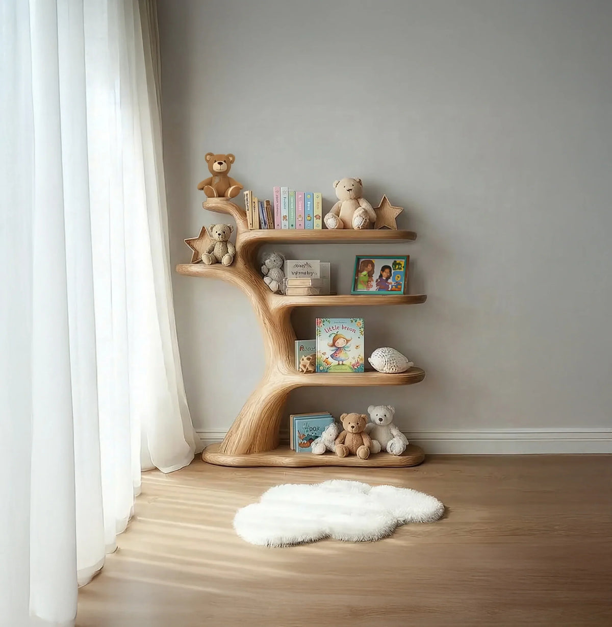 Handmade solid wood nursery shelf in kids room with books, toys, and natural decor elements