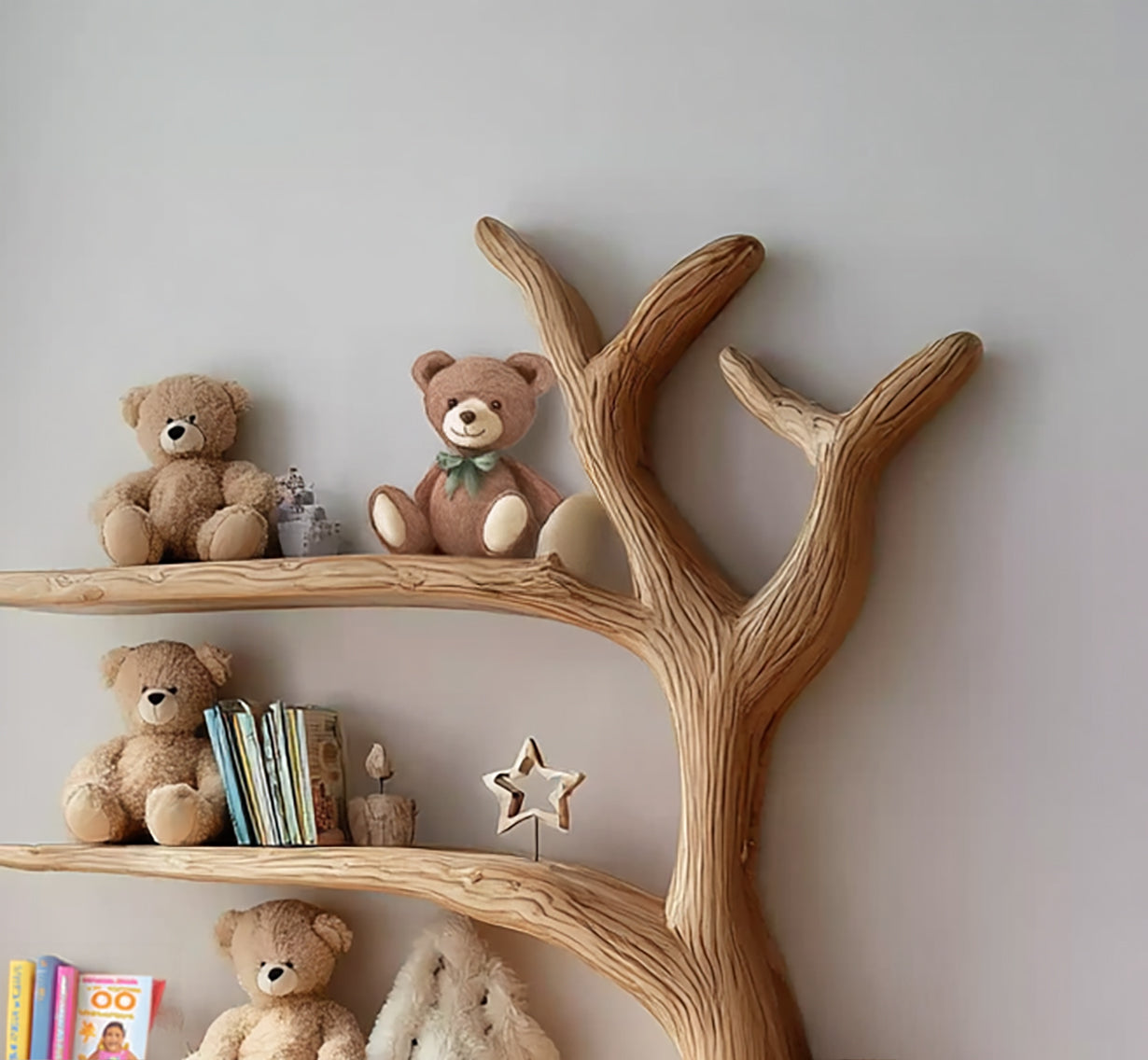 Mid-century wooden tree wall shelf in a kids room nursery with books and toys