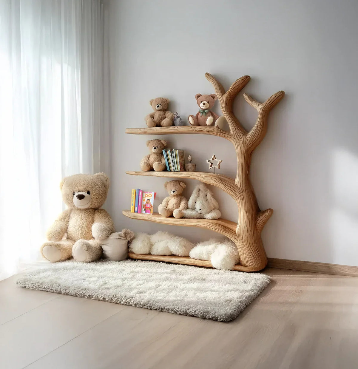 Mid-century wooden tree wall shelf in a kids room nursery with books and toys