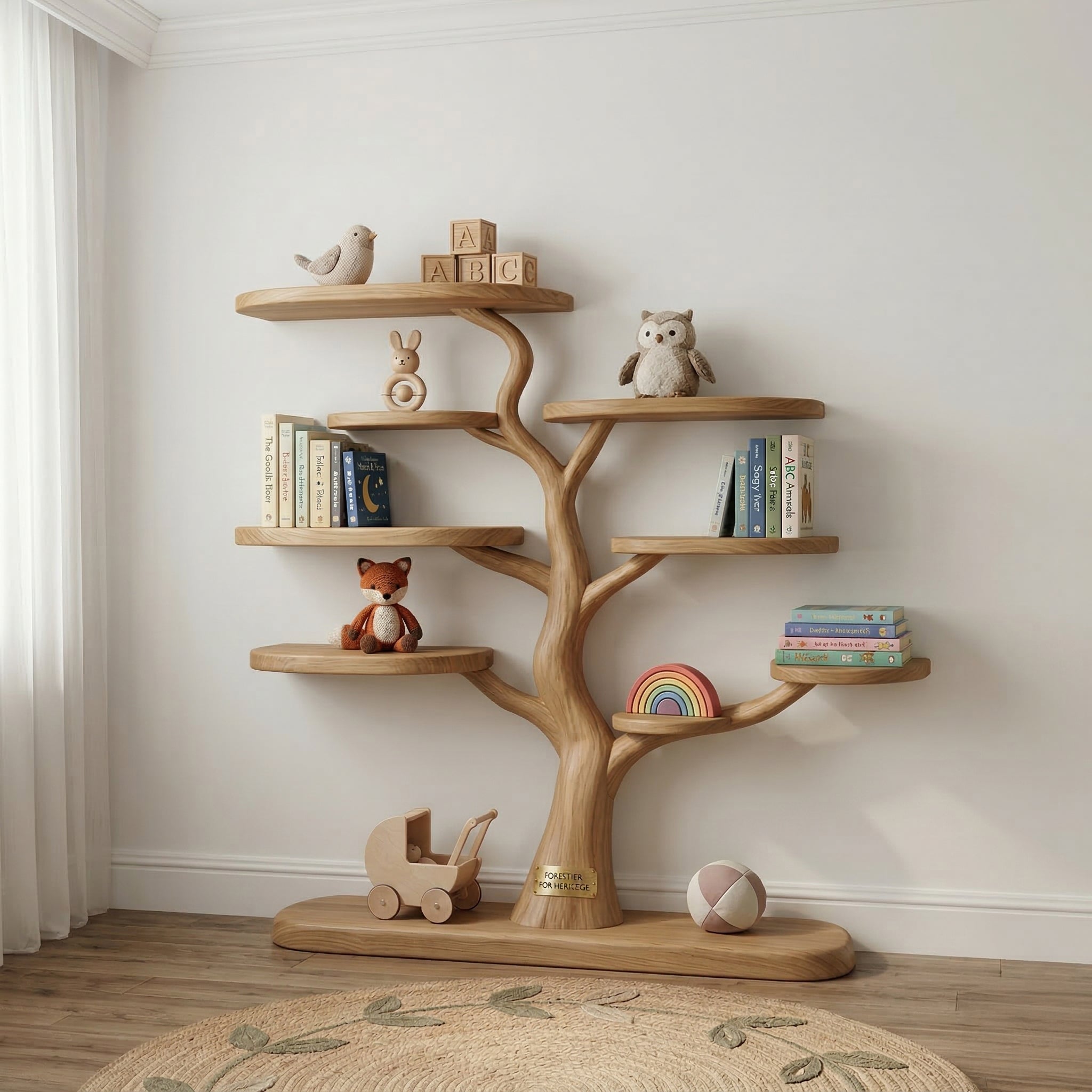 Tree-shaped bookshelf for kids room decorated with toys and books