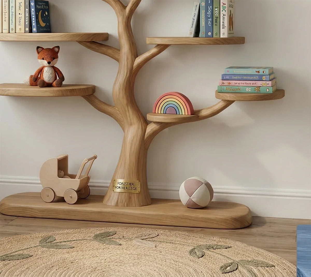 Tree-shaped bookshelf for kids room decorated with toys and books