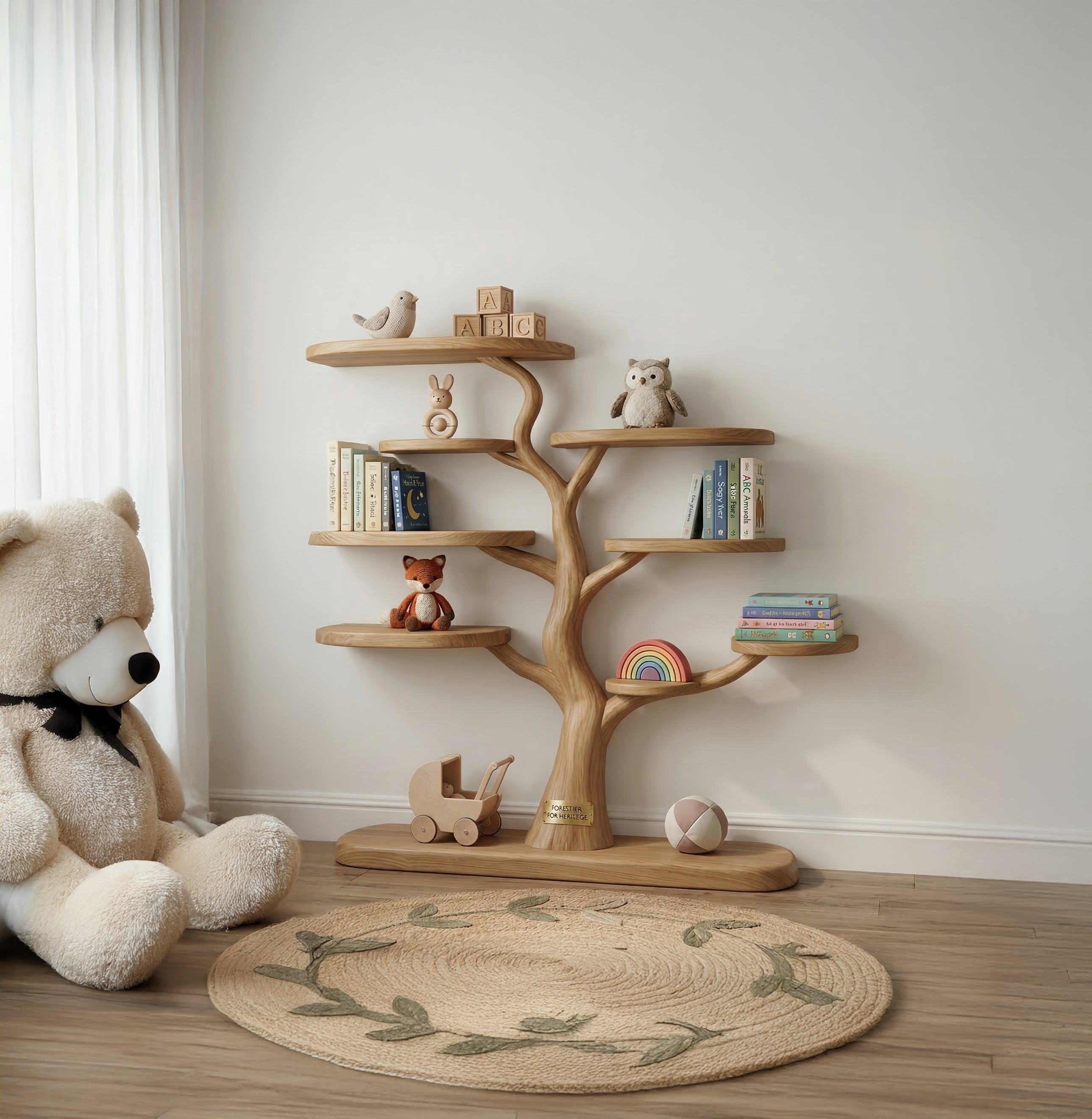 Tree-shaped bookshelf for kids room decorated with toys and books