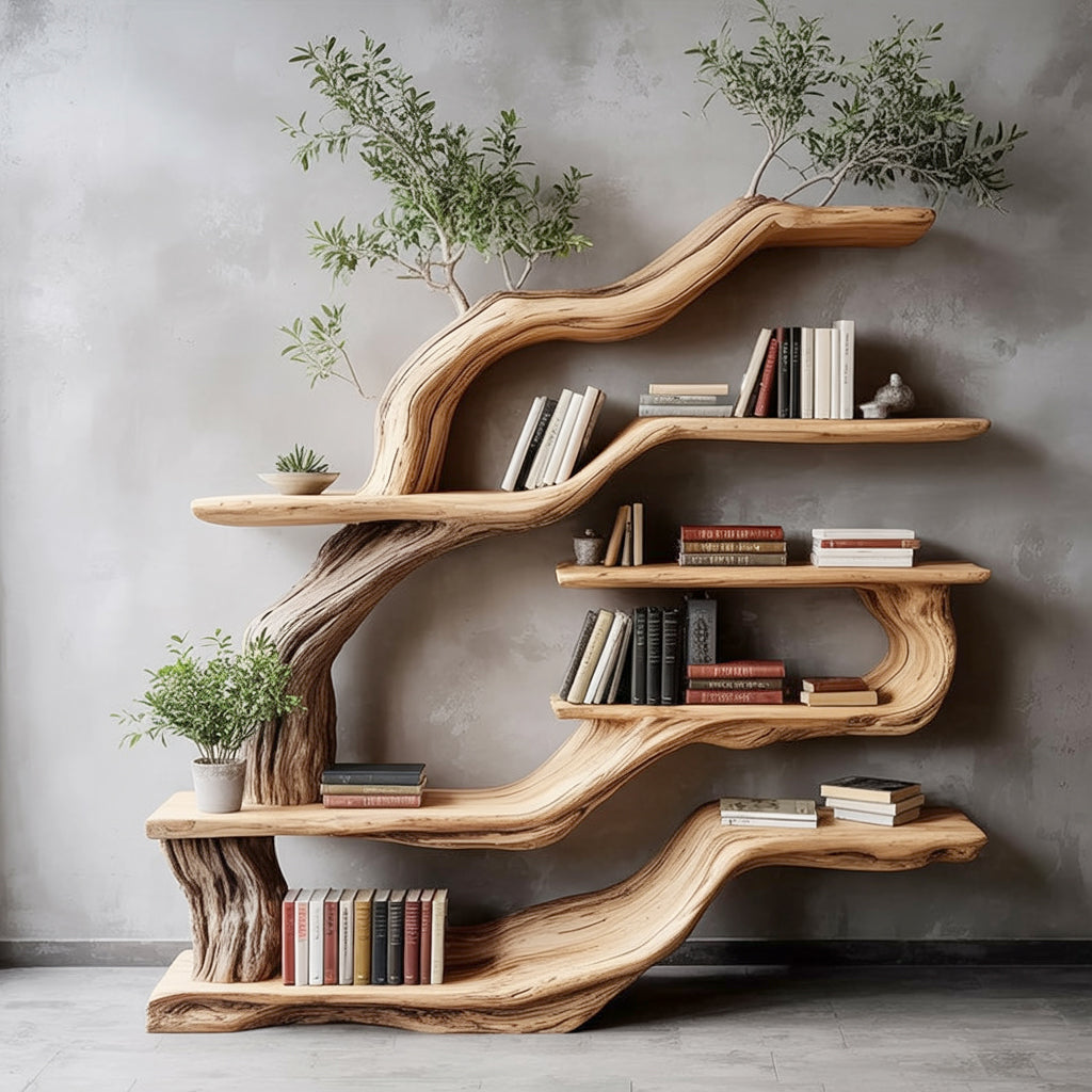Live edge tree bookshelf with solid wood shelves, books, and potted plants against a wall