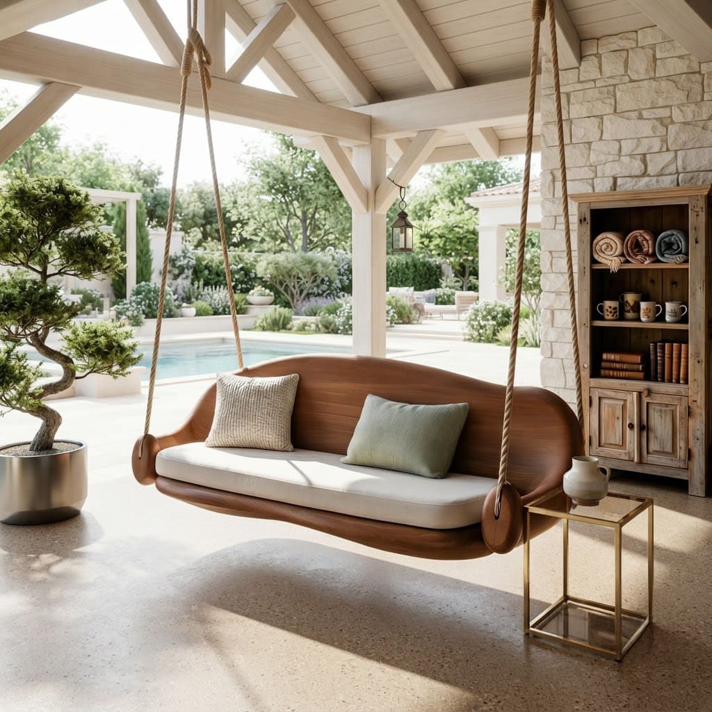 Suspended veranda daybed swing with sculpted solid wood backrest