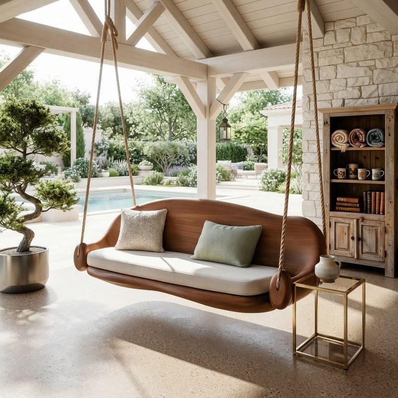 Suspended veranda daybed swing with sculpted solid wood backrest