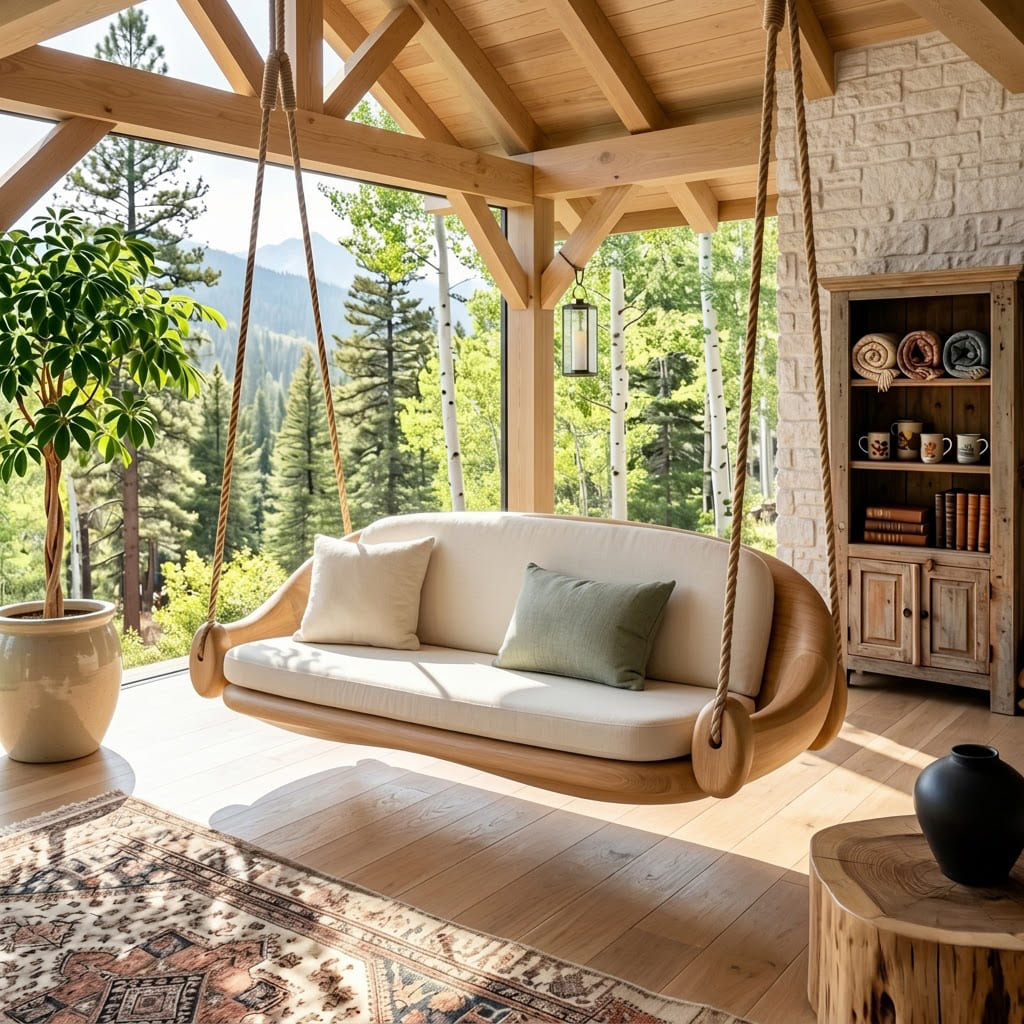 Suspended solid wood daybed swing styled on a spacious veranda