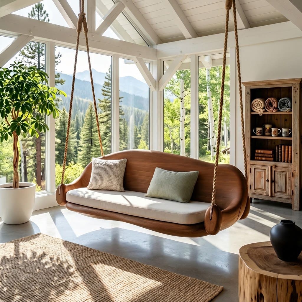 Organic sculpted backrest on a handcrafted wooden hanging daybed