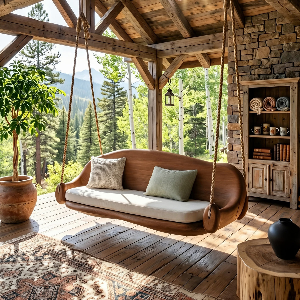 Handcrafted solid wood swing bench displayed on a covered patio