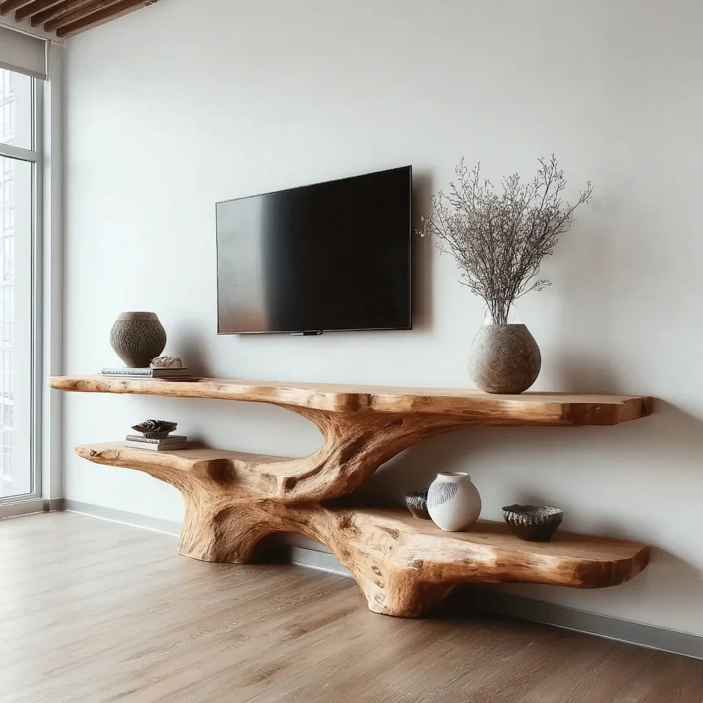 Live edge solid wood floating shelf under mounted TV, modern decor with vases, natural light